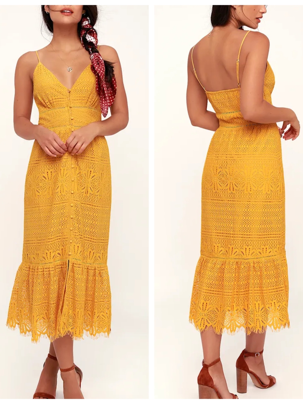Lulu's Robyn Mustard Yellow Lace Button-Up Midi Dress